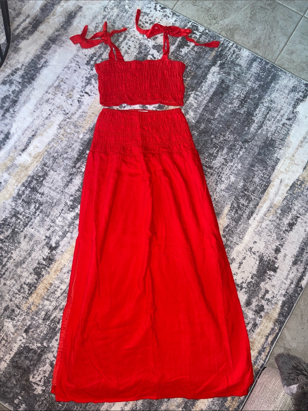 Charlie Holiday Red Two Piece Smock Crop Top & Maxi Skirt Set Size 6 Size Medium